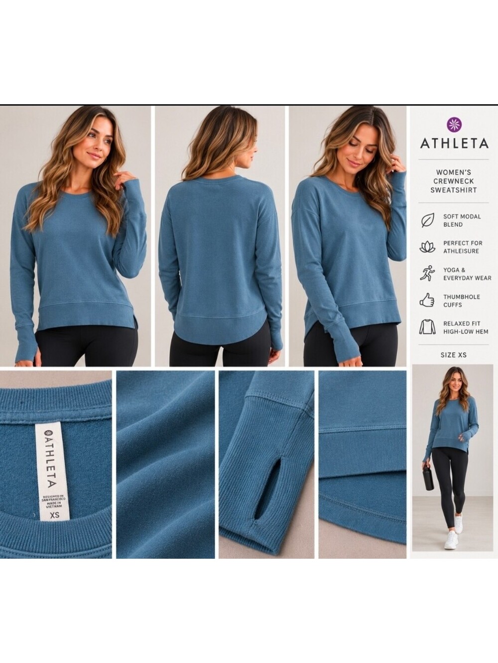 Athleta Women's XS Blue Modal Blend Crewneck Sweatshirt Thumbholes High Low Hem